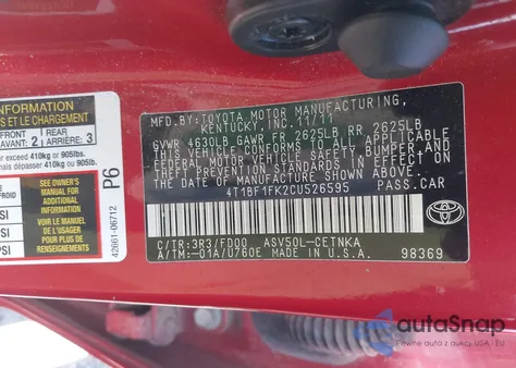 2012 Toyota Camry Le z USA, uszkodzony, nr VIN 4T1BF1FK2CU526595